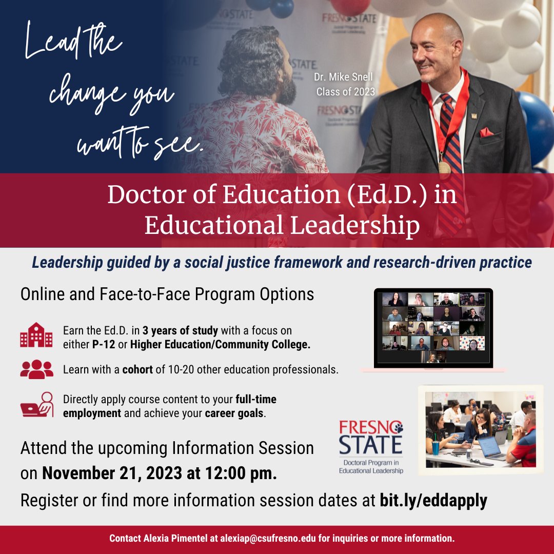 Join us for our last Info Session of the year on November 21st! 🌟Resgister to attend @ bit.ly/eddapply ✔ We'll go over program and application requirements for both online and ftf cohorts! We hope to see you there!
#EdDFresnoState #DoctoralStudent #DoctorofEducation