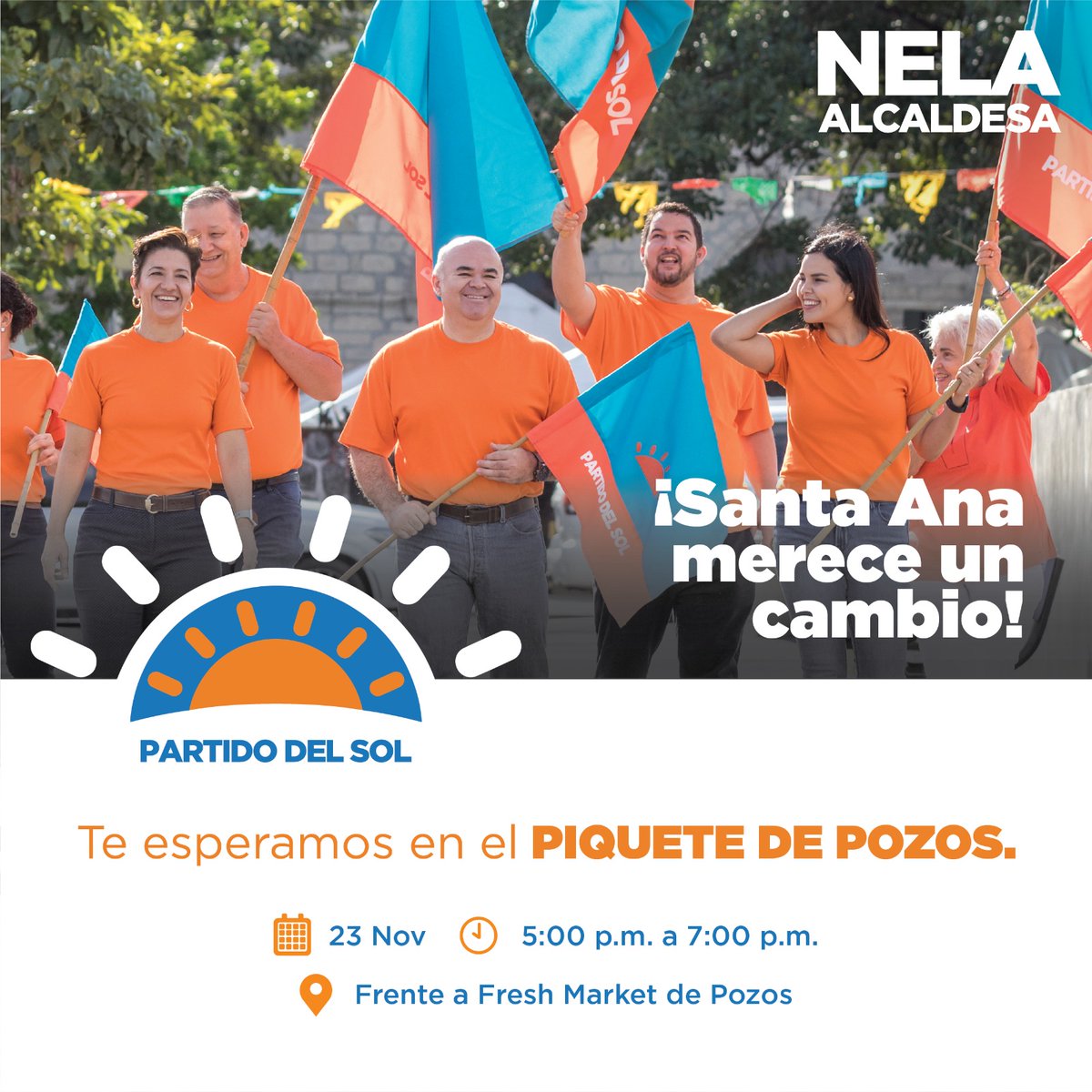 PartidoSol's tweet photo. #PozosMereceMás
Llenemos de esperanza las calles de Santa Ana, acompáñenos en nuestro encuentro en el distrito de Pozos.

📅23 Nov.
📍Frente al Fresh Market.
⏰5:00 p.m. a 7:00 p.m.

Partido del Sol. ☀️

#Partidodelsol #SantaAna  #NelaLobo #Alcadias2024 #EleccionesCantonales #TSE https://t.co/fqm9cEwpF5