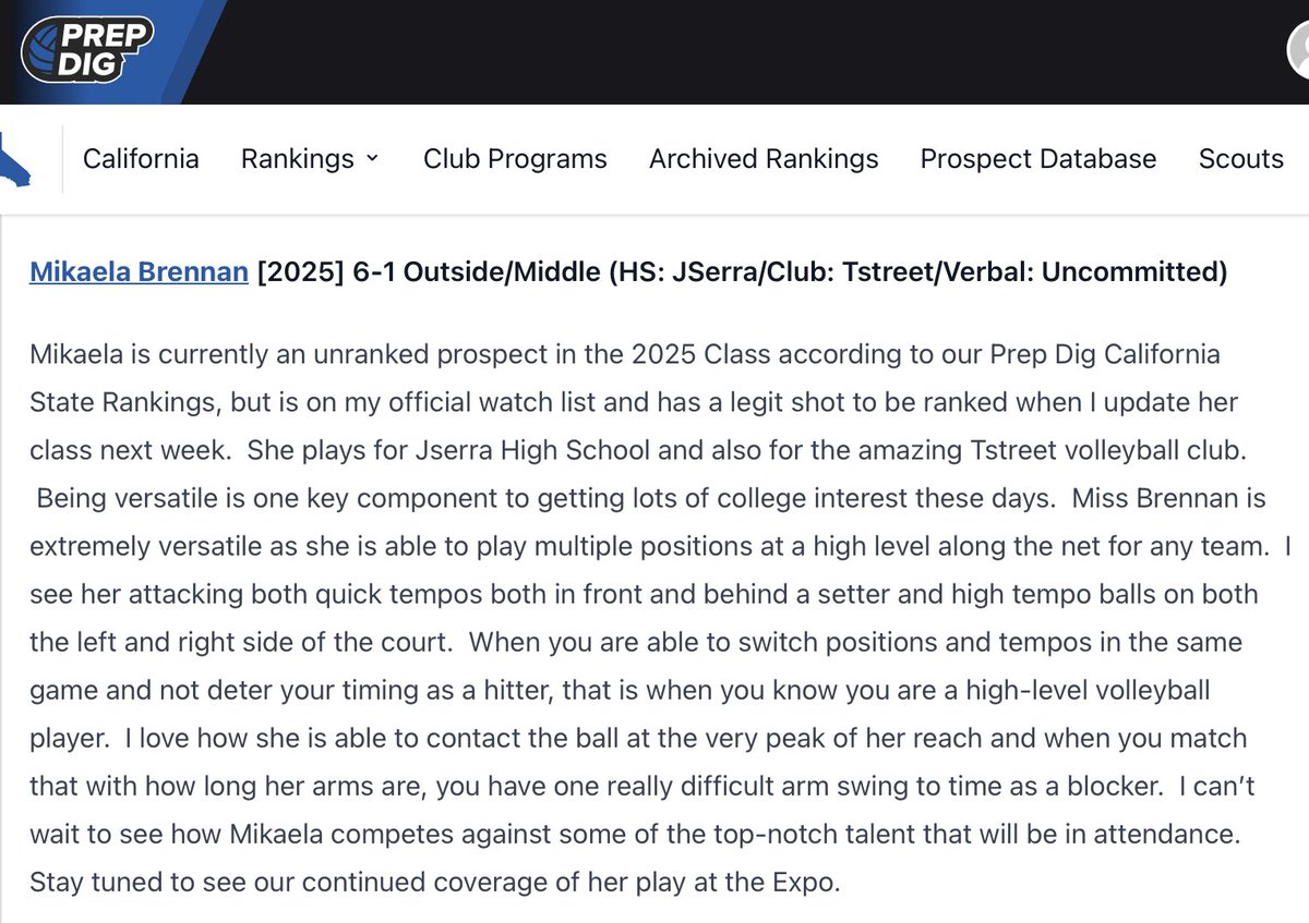 mikaelalbrennan's tweet photo. Thank you @PrepDigCA! I look forward to meeting @CoachMikeDZ and the team this weekend! #volleyballlife #outsidehitter #sixrotationplayer https://t.co/8lZhgdViaV