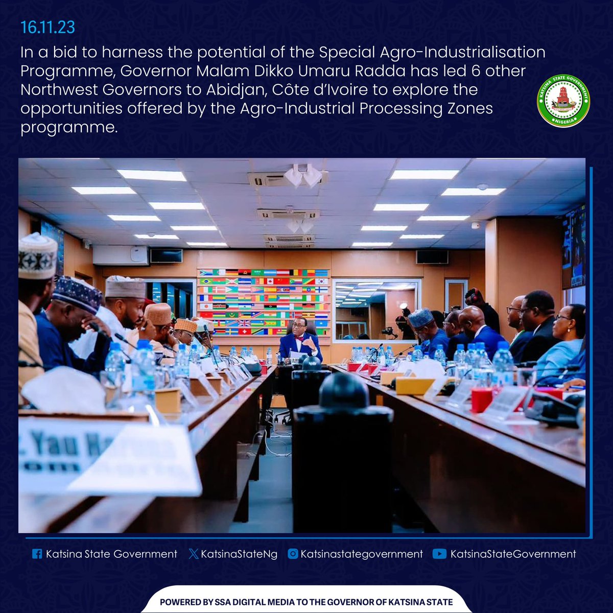 KatsinaStateNg's tweet photo. In a bid to harness the potential of the Special Agro-Industrialisation Programme, Governor Malam Dikko Umaru Radda has led 6 other Northwest Governors to Abidjan, Côte d’Ivoire to explore the opportunities offered by the Agro-Industrial Processing Zones programme. https://t.co/ZYF0f7YjZB