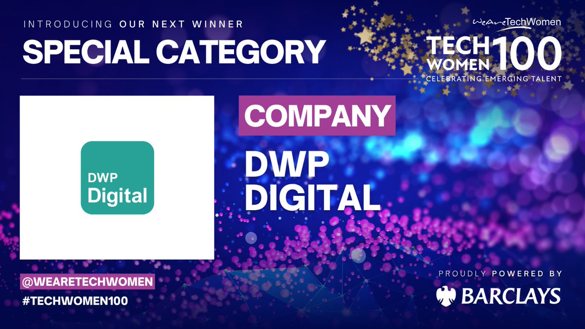 Congratulations to the Winner of  this year's #TechWomen100 Awards in the Company Category powered by <a href="/BarclaysUK/">Barclays UK</a> 🥂

💫 <a href="/DWPDigital/">DWP Digital</a>