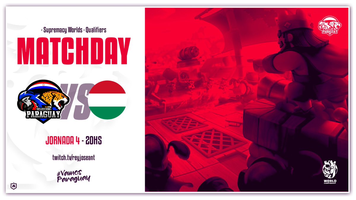 #CR || ¡MATCHDAY!

¡Hoy jugamos la 4ta ronda en la en <a href="/CR_Supremacy/">Supremacy League</a> donde vamos a buscar la victoria esto aún no se termina sacaremos la garra guaraní 🔥!

🆚| <a href="/TeamHungaryCR/">Team Hungary</a> 
⏰| 20:00 🇵🇾
🎙️| <a href="/TucansitoAlv/">Tucansito</a> 
📺| twitch.tv/eltucanintegral

#VamosParaguay #AguanteLaAlbirroja ❤️🤍💙