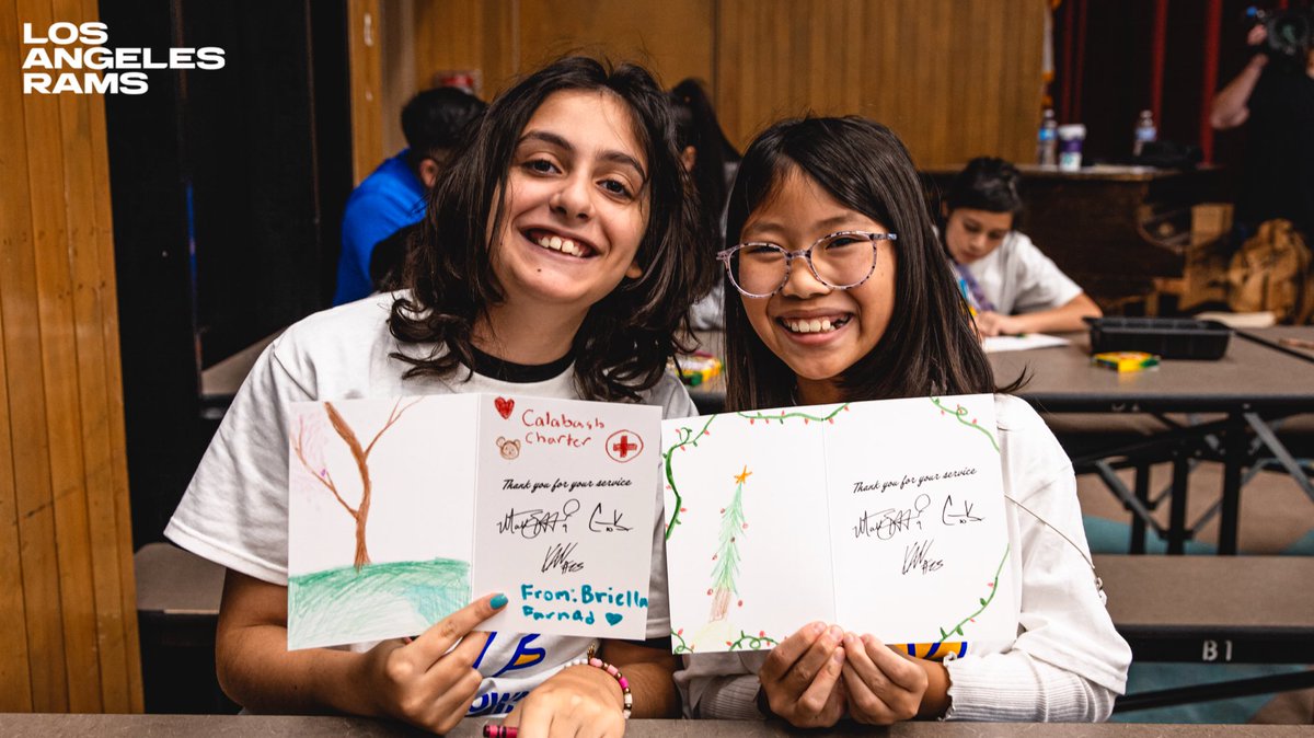 RamsCommunity's tweet photo. For our Military Heroes!🫡

@RamsNFL players + staff attended Calabash Charter Caademy School + Woodlake Elementary School to create holiday cards for Service Members overseas as part of #SaulteToService week.

📸: https://t.co/TI5lKdM6P3 https://t.co/8uiuNbEtIE