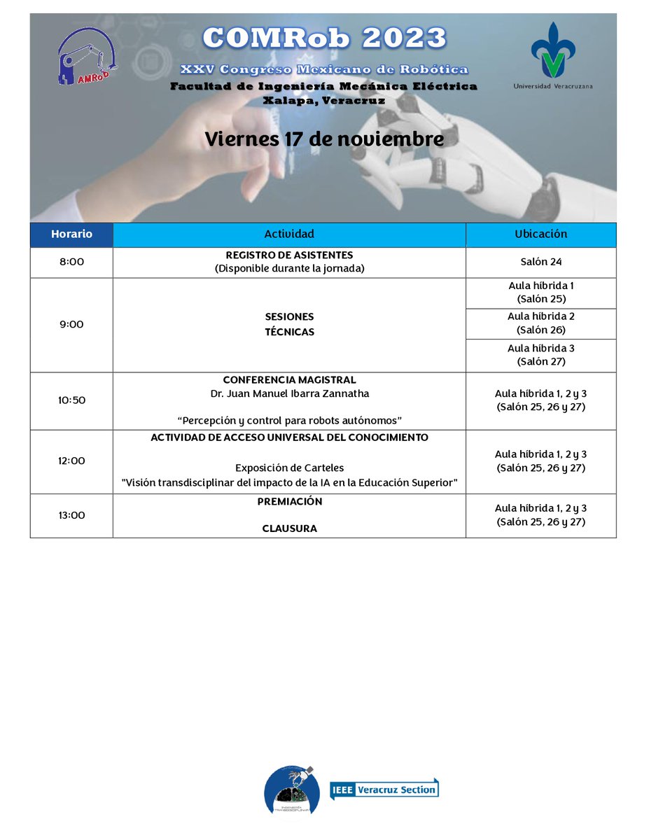UVeracruzanaMx's tweet photo. #RegiónXalapa
Aún estás a tiempo de asistir al XXV Congreso Mexicano de Robótica y conocer sobre los avances de la tecnología e Inteligencia Artificial.

💻Consulta el programa para este viernes 17 de noviembre, ¡te esperamos!
📍 Facultad de Ingeniería Mecánica Eléctrica (FIME) https://t.co/5AavHcj3E3