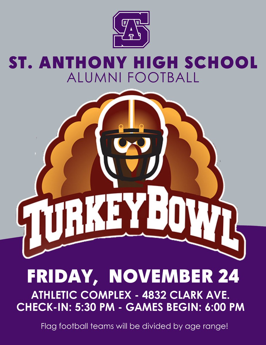 Calling St. Anthony High School football alums. Whether you rode the bench or were the MVP, all are invited to join us the day after Thanksgiving! Join us for our inaugural flag football alumni game. Sign up now: hubs.li/Q0298Jlm0 #sahs #stanthonyhighschool #longbeach