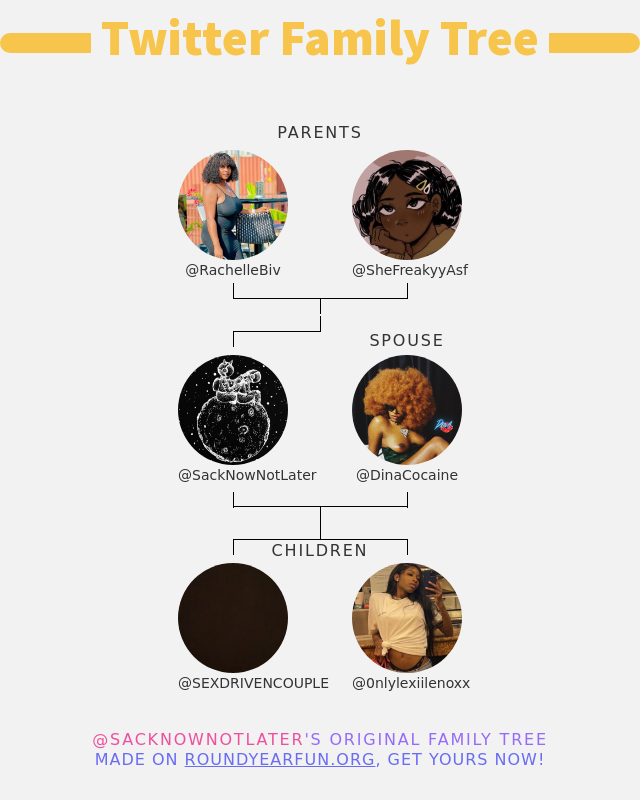 👨‍👩‍👧‍👦 My Twitter Family: 👫 Parents: @RachelleBiv @shefreakyyasf 👰 Spouse: @dinacocaine 👶 Children: @SEXDRIVENCOUPLE @0nlylexiilenoxx ➡️ https://t.co/qq63K95xYb https://t.co/E4nwnWYhFT
