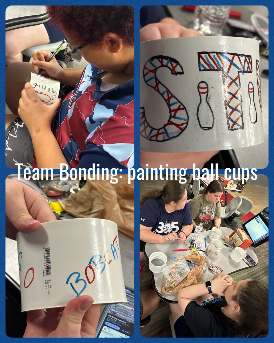 STU_WBowling's tweet photo. Team Bonding: decorating new ball cups for STU spare balls💙❤️🎳 #bowling https://t.co/apPWculxN9