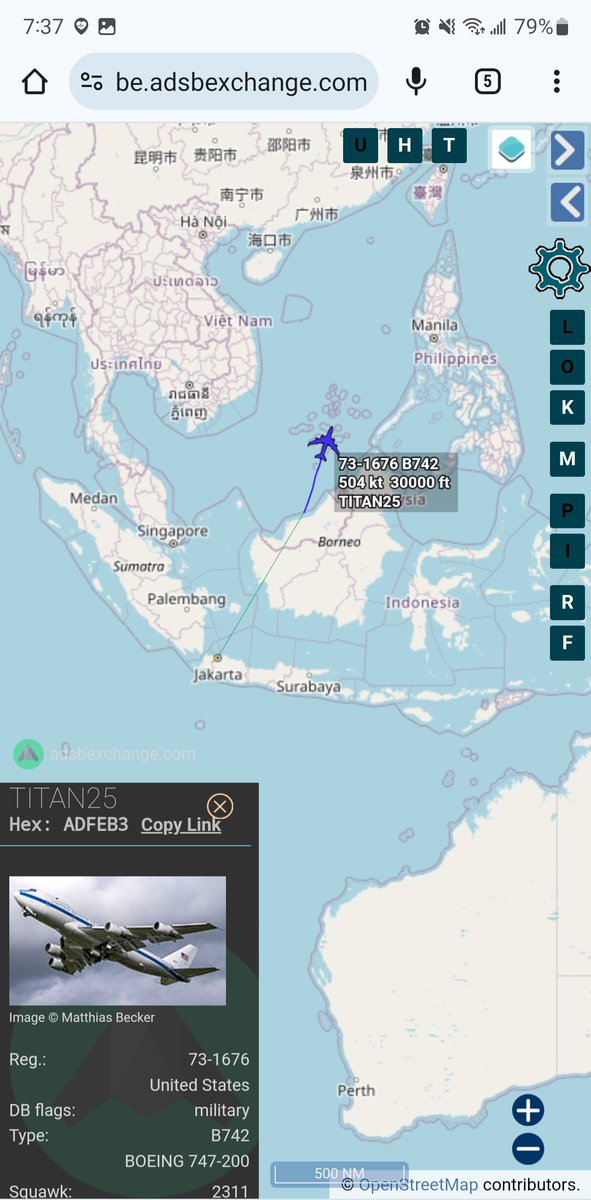 USAF E-4B Nightwatch 73-1676 #ADFEB3 as TITAN25 departed Jakarta, tracking over the South China Sea with SECDEF Austin on board. I believe he's returning to the US.