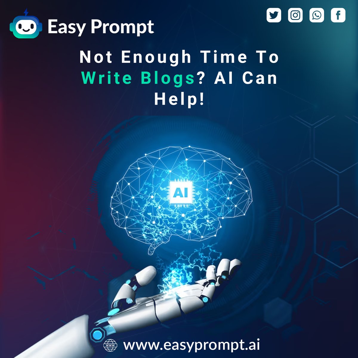 EasyPrompt92677's tweet image. 🚀 Struggling to find time for blog writing? 🕒 AI is the solution! ✍️ Let artificial intelligence streamline your content creation process effortlessly. Say goodbye to writer&apos;s block and hello to productivity! #AIWriting #ContentCreationMadeEasy 🤖✨