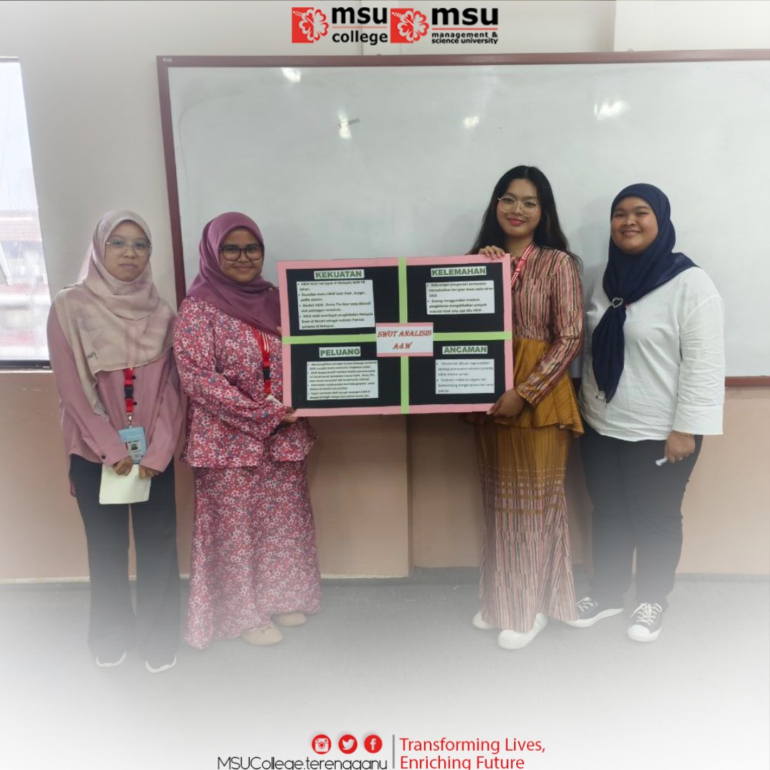 MSUcollege_trg's tweet photo. Pelajar Prinsip Pemasaran Diploma Pengurusan mengekspresikan idea dan mengekploitasi peluang-peluang dalam persekitaran mikro dan makro perniagaan dalam pembentangan hasil kajian SWOT syarikat francais di Malaysia.
#msucollegeterengganu
#swotanalysis
#principlesofmarketing https://t.co/jGYlrVHhSC