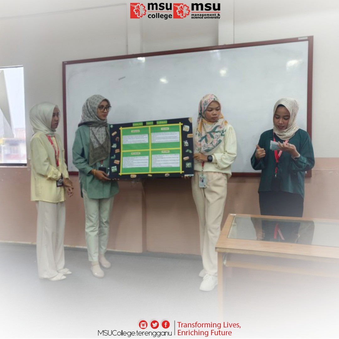 MSUcollege_trg's tweet photo. Pelajar Prinsip Pemasaran Diploma Pengurusan mengekspresikan idea dan mengekploitasi peluang-peluang dalam persekitaran mikro dan makro perniagaan dalam pembentangan hasil kajian SWOT syarikat francais di Malaysia.
#msucollegeterengganu
#swotanalysis
#principlesofmarketing https://t.co/jGYlrVHhSC