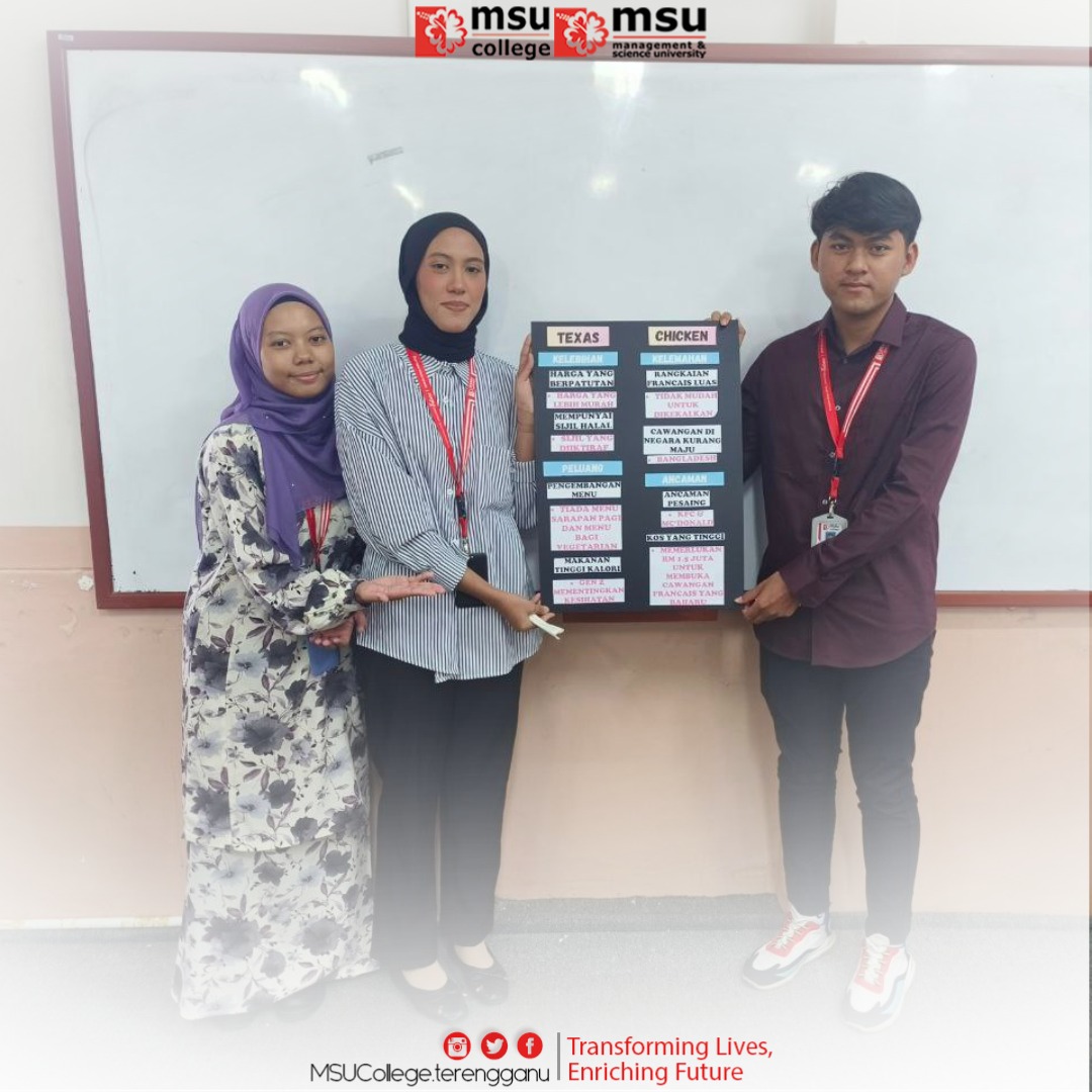 MSUcollege_trg's tweet photo. Pelajar Prinsip Pemasaran Diploma Pengurusan mengekspresikan idea dan mengekploitasi peluang-peluang dalam persekitaran mikro dan makro perniagaan dalam pembentangan hasil kajian SWOT syarikat francais di Malaysia.
#msucollegeterengganu
#swotanalysis
#principlesofmarketing https://t.co/jGYlrVHhSC