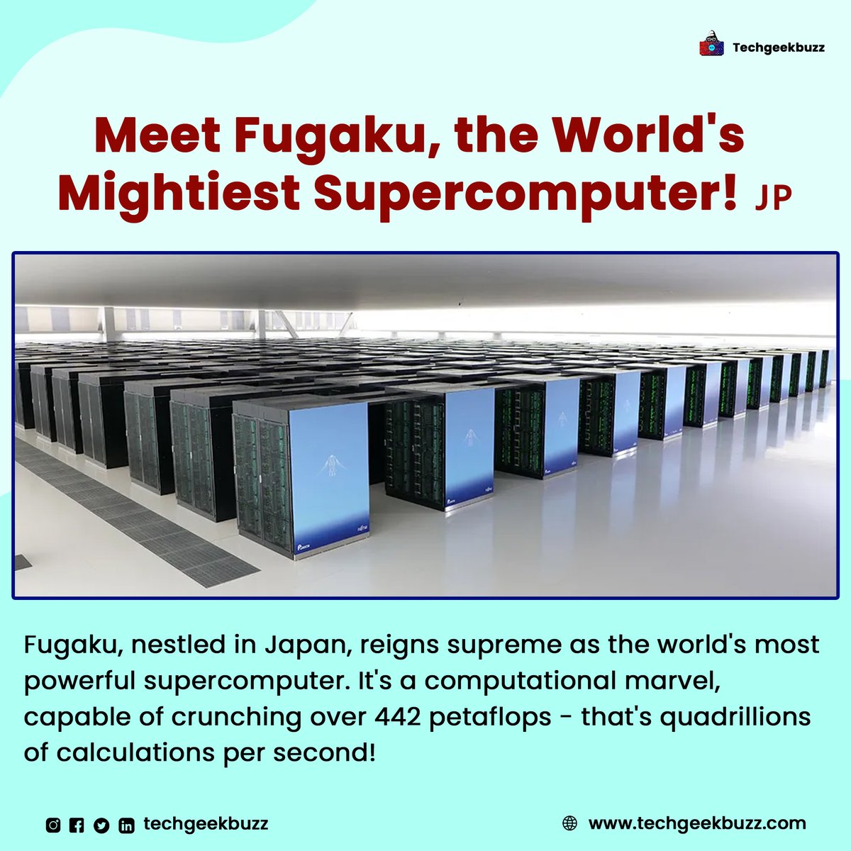 techgeekbuzz's tweet image. 🔬 Fugaku's remarkable processing power is driving innovations in weather forecasting, scientific research, and more. 🌍🔍
#FunFactFriday #Fugaku #Supercomputer #TechInnovation #ComputingPower #technologies #TechNews #TechTalk #Tech4All #TechInnovation #TechFair2023