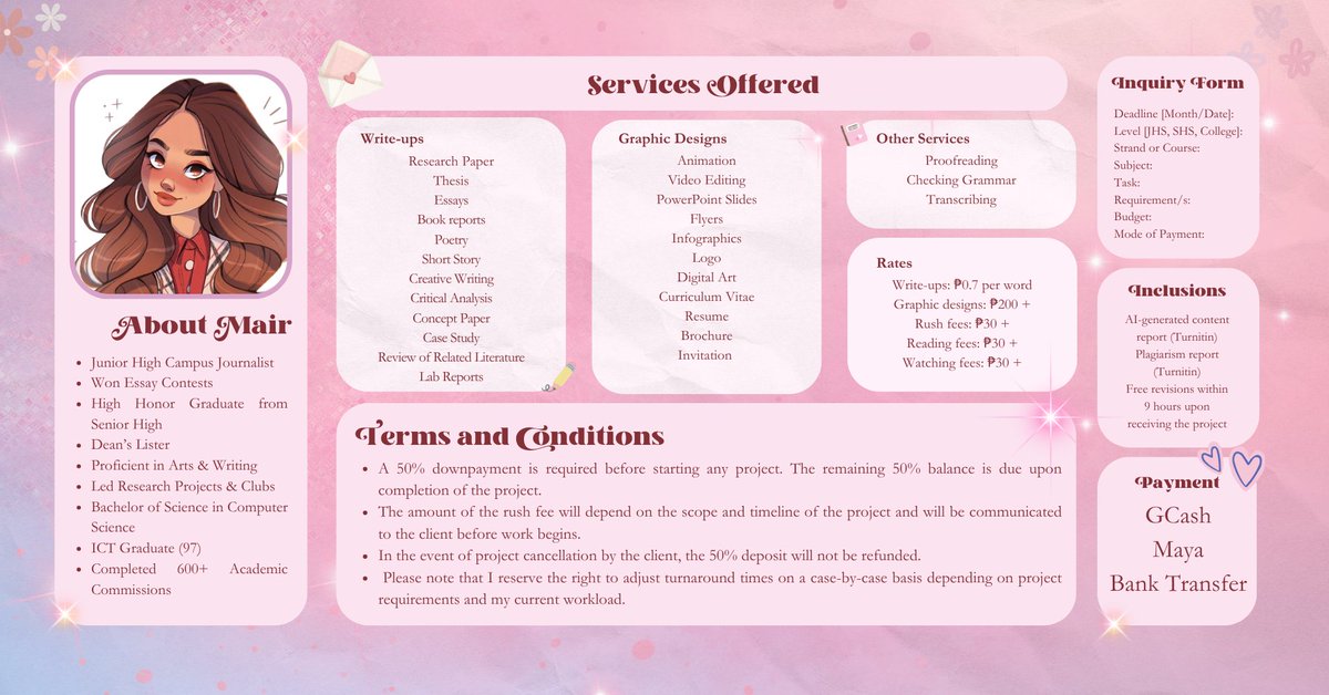 acadswithmair's tweet photo. Greetings, I'm Mair – an academic assistant – eager to lend a helping hand.💗

Let's connect:

      ￫ About me: https://t.co/9Fra2pGp17
      ￫ Inquiry form: https://t.co/cb82TqKHZZ
      ￫ Proofs and feedback: https://t.co/ht8BSdfApU

I am looking forward to working with you! 💌
