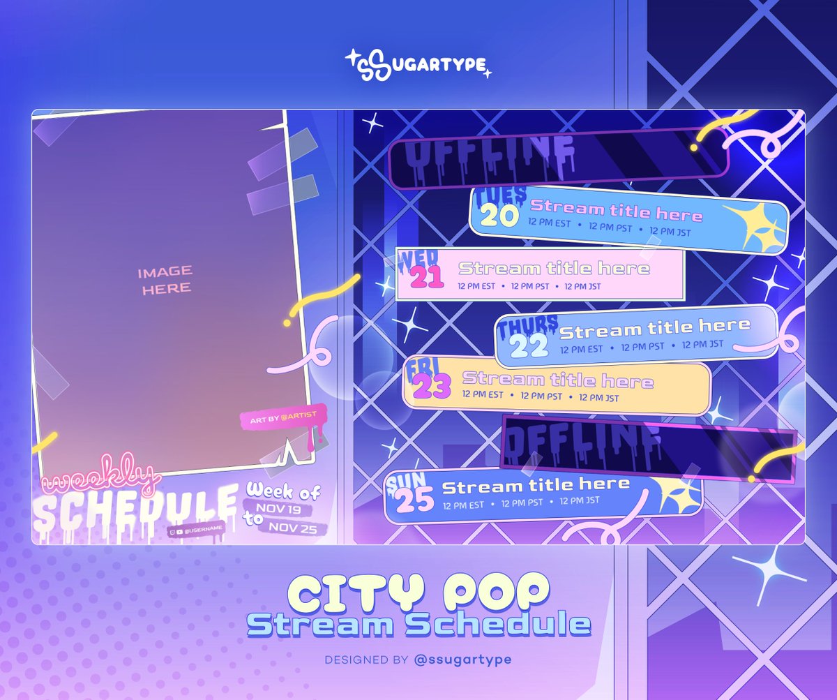 【F2U City Pop Stream Schedule 🌃】 I’ve had this idea for a while, but never had the time to do it. I'm happy I got it done! Had a lot of fun playing around with all the colors and composition ✨ ↓ Download link below! ↓ #Vtuber #VTuberAssets #FreeVtuberAssets