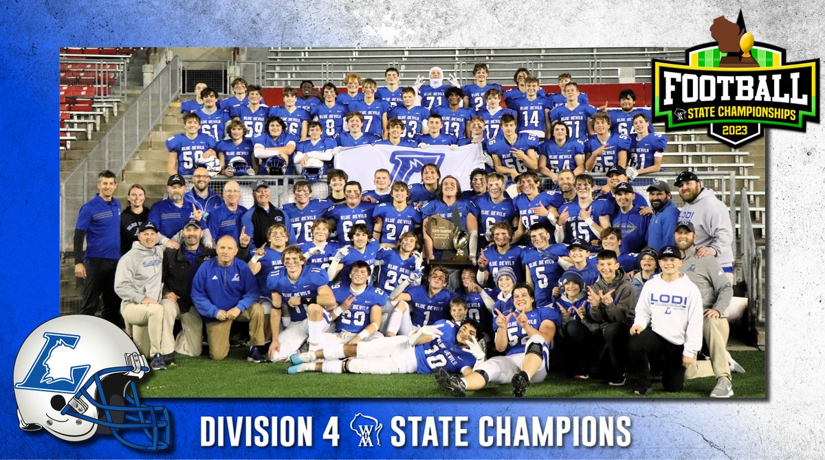 Congratulations to Lodi, the 2023 WIAA D4 Football State Champions! The Blue Devils defeated Luxemburg-Casco 38-14 to earn their program's second gold ball! 🏈🏆 #wiaafb #statechamps