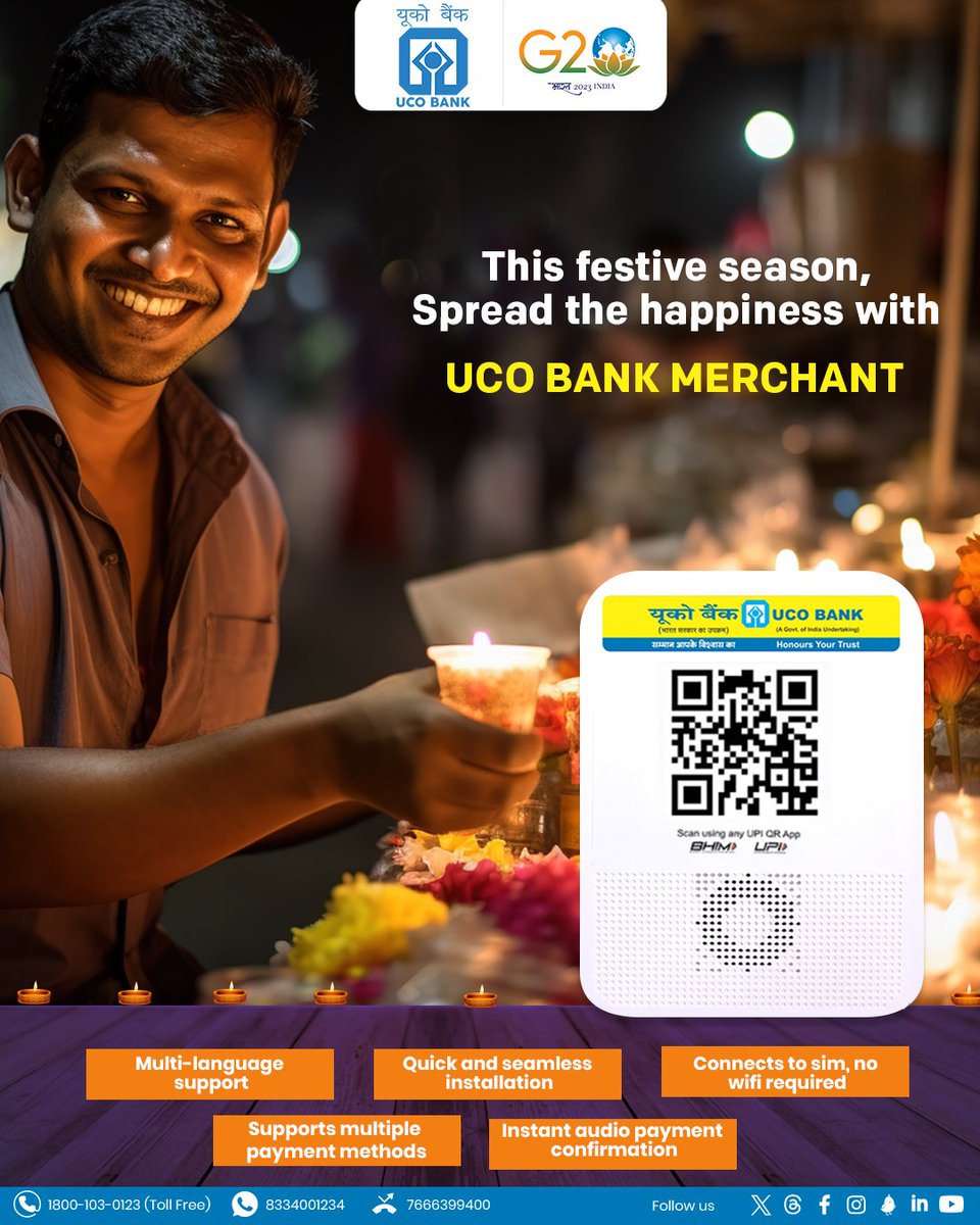 UCOBankOfficial's tweet photo. Streamlining success for #SmallMerchants during the #FestiveSeason with seamless #Soundbox #Transactions. #Festival #Banking #UCOTURNS80 #UCOBank Honours Your Trust https://t.co/MtCvXeuGyX