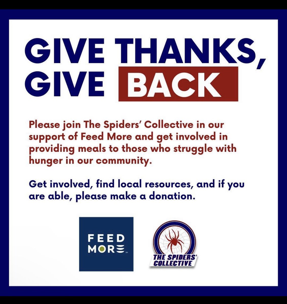 Please help <a href="/spidersnil/">The Spiders’ Collective</a> and @feedmoreinc feed our community this holiday season. Get involved, find local resources, and if you are able - please make a donation here: https:// feedmore.org