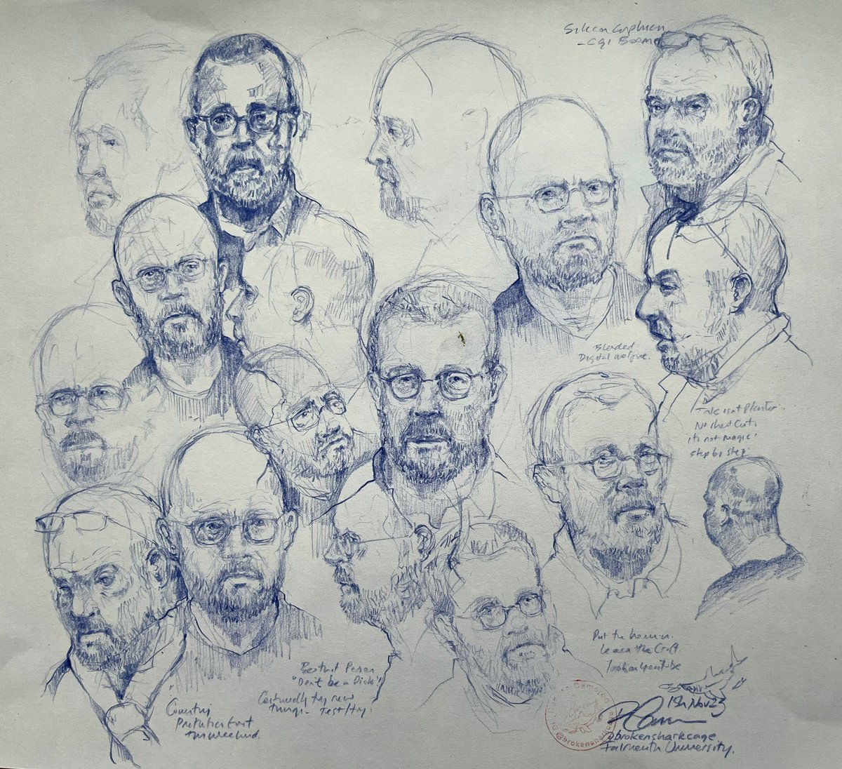 WreckDive's tweet photo. SFX make-up & prosthetics superstars - my portrait sketches, as this creative team recorded an episode of the fantastic #battleswithbitsofrubber - podcast, Wednesday @FalmouthUni @NeillGorton #todddebrecini #stuartbray #bradgreenwood #sfx #sfxmakeup #drawing #draw #duncancameron https://t.co/y4XVgWpSx6