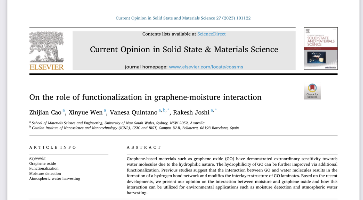 doi.org/10.1016/j.coss… Our opinion on the transformative impact of functionalization on the interaction between graphene and moisture: Published in #COSSMS #Atmospheric#waterharvesting   #humiditycontrol #air2water #GrapheneInnovation #Functionalization