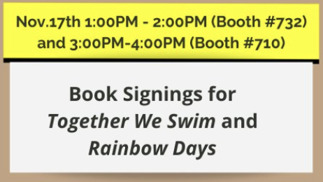 If you're at #ncte2023, stop by to say hello and get FREE signed copies of my books! Chronicle signing is 1 - 2 pm for #TogetherWeSwim. Scholastic signing is 3 - 4 pm for #RainbowDays. I look forward to seeing you! Also, ask me about school visits. 😊 @ChronicleKids @Scholastic