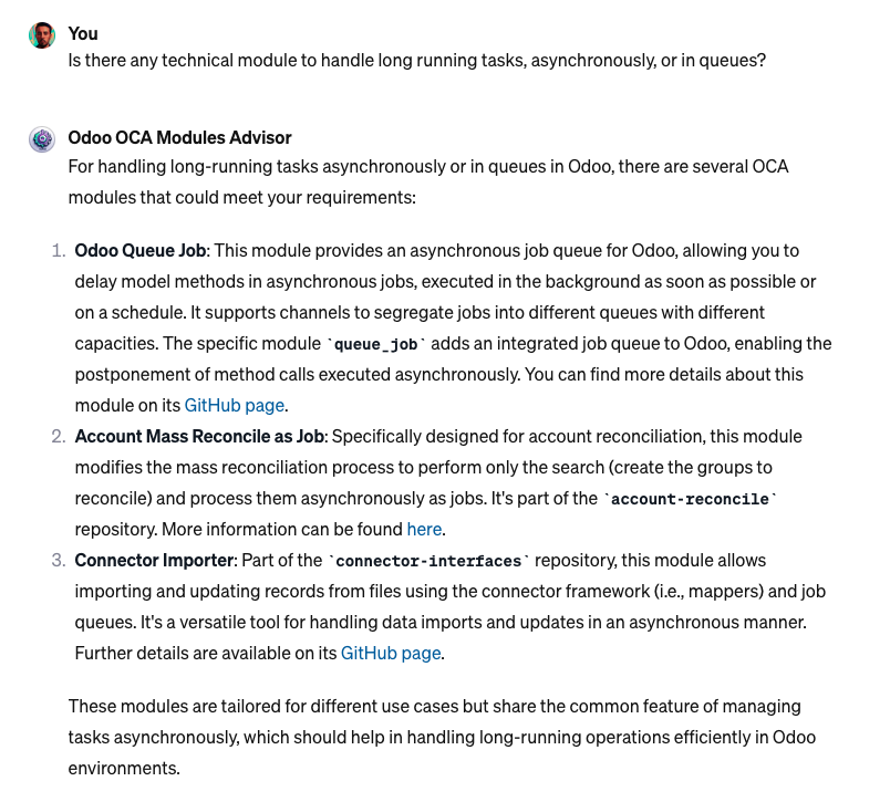 _philDL's tweet photo. Created a GPT that can search for you open-source @OdooCommunity modules solutions to a given need.

Not perfect, but it can already link you correctly to OCA repositories. https://t.co/24r5uvVPKi