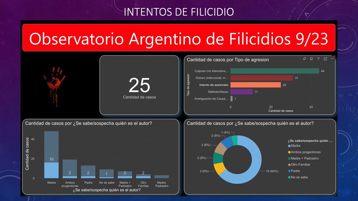 En los primeros 9 meses de 2023 se cometieron 31 filicidios intencionales.

16 fueron cometidos por madres

5 por padres

4 por madres junto a su pareja

3 por ambos progenitores.