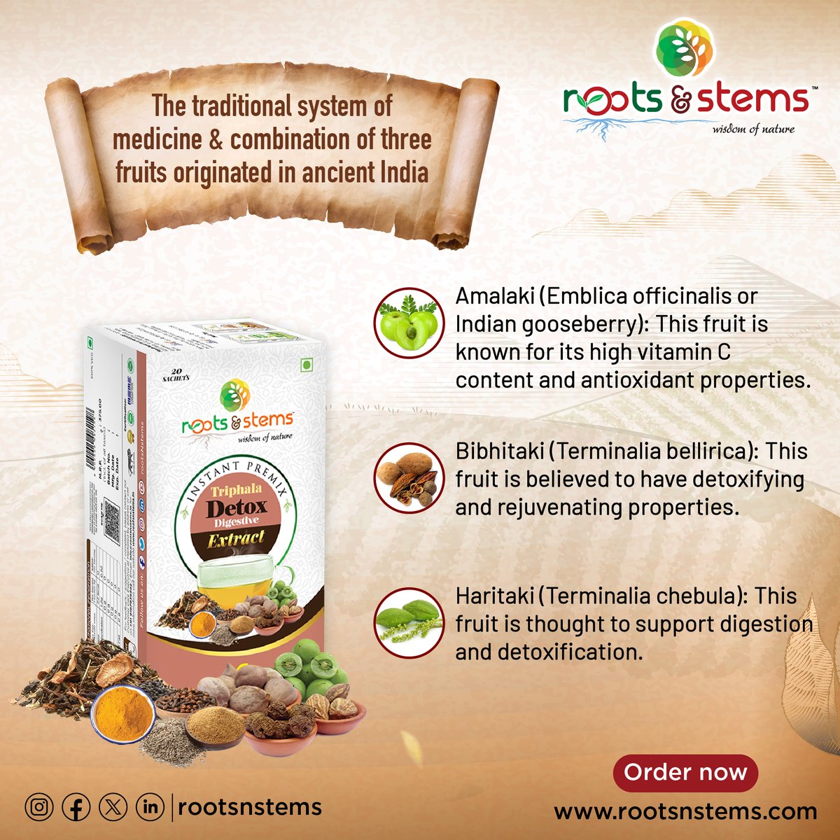 rootsNstems_'s tweet image. The traditional system of medicine &amp;amp; combination of three fruits originated in ancient India.

To order online
Log on to rootsnstems.com

#TriphalaDetox
#InstantMix 
#HealthyLiving 
#rootsnstems