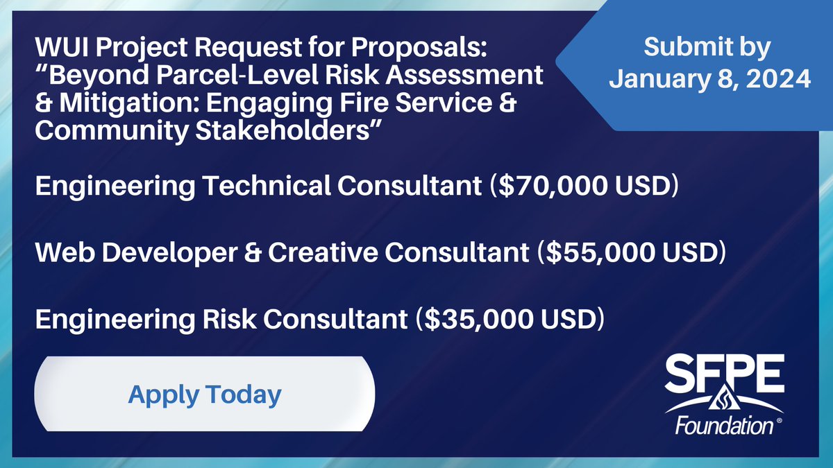 SFPE FOUNDATION ANNOUNCES THREE NEW REQUESTS FOR PROPOSALS FOR WUI PROJECT: “Beyond Parcel-Level Risk Assessment & Mitigation: Engaging Fire Service & Community Stakeholders” All proposals due: 11:59 pm ET on Monday, January 8, 2024 Learn more: ow.ly/VkoI50Q8ySP