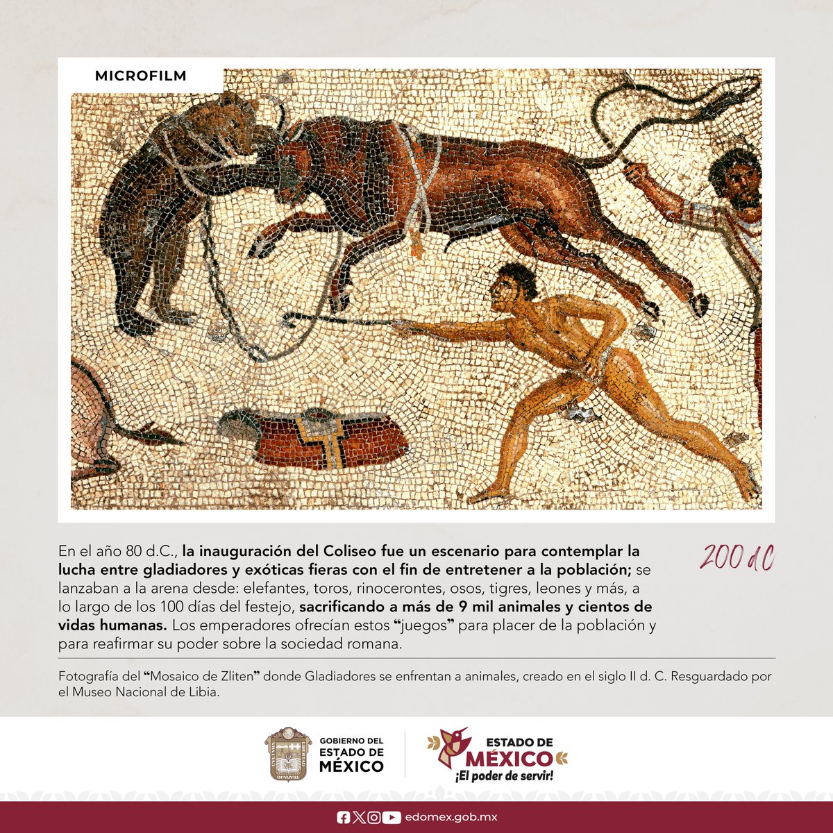 agem_mex's tweet photo. ¿Cuáles fueron nuestros #JuegosDelHambre? Desde los prisioneros condenados a ser devorados por fieras, hasta los combates a muerte entre #gladiadores, estos espectáculos en el #ColiseoDeRoma fueron una forma de entretenimiento que buscaban un control social y político. #AGEMÉX https://t.co/2IqaUuoMae