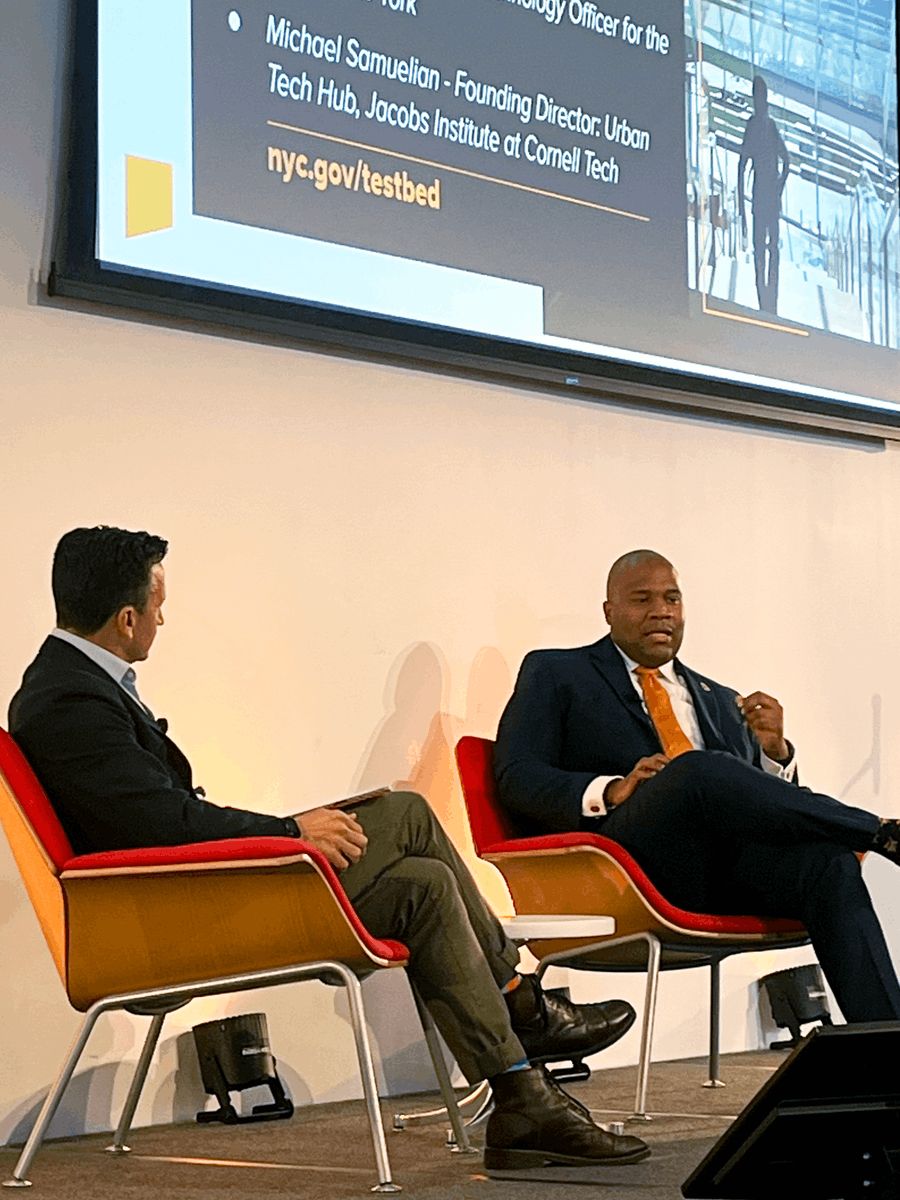 .<a href="/NYCOfficeofTech/">NYC Office of Technology and Innovation</a> CTO Matthew Fraser held a fireside chat with Urban Tech Hub Founding Director Michael Samuelian at the 2023 Urban Tech Summit at Cornell Tech.

#UrbanTechSummit #DecarbTheFuture #CornellTech #OnlyAtCornellTech #EngineeredToMatter <a href="/utsummitnyc/">Urban Tech Summit</a> <a href="/msamuelian/">michael samuelian</a>