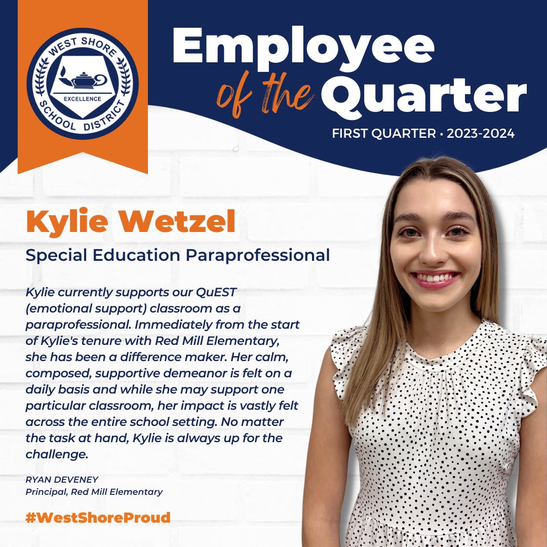SHOUT OUT to our Employees of the First Quarter…Meghan Danowski, Fifth Grade Teacher at Washington Heights, and Kylie Wetzel, Special Education Paraprofessional at Red Mill. Congratulations Meghan and Kylie! #WestShoreProud