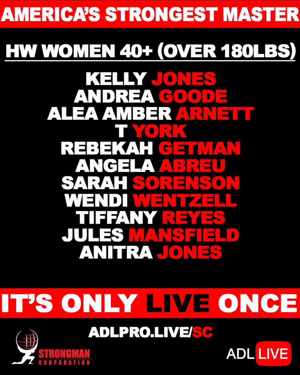 Ladies and Gentlemen … our HW Women 40+!!!!

With this group of ladies it’s going to be an absolute battle Saturday to see who the strongest in the land is!

Tune in at adlpro.live/SC/

#strongman #strongwoman
