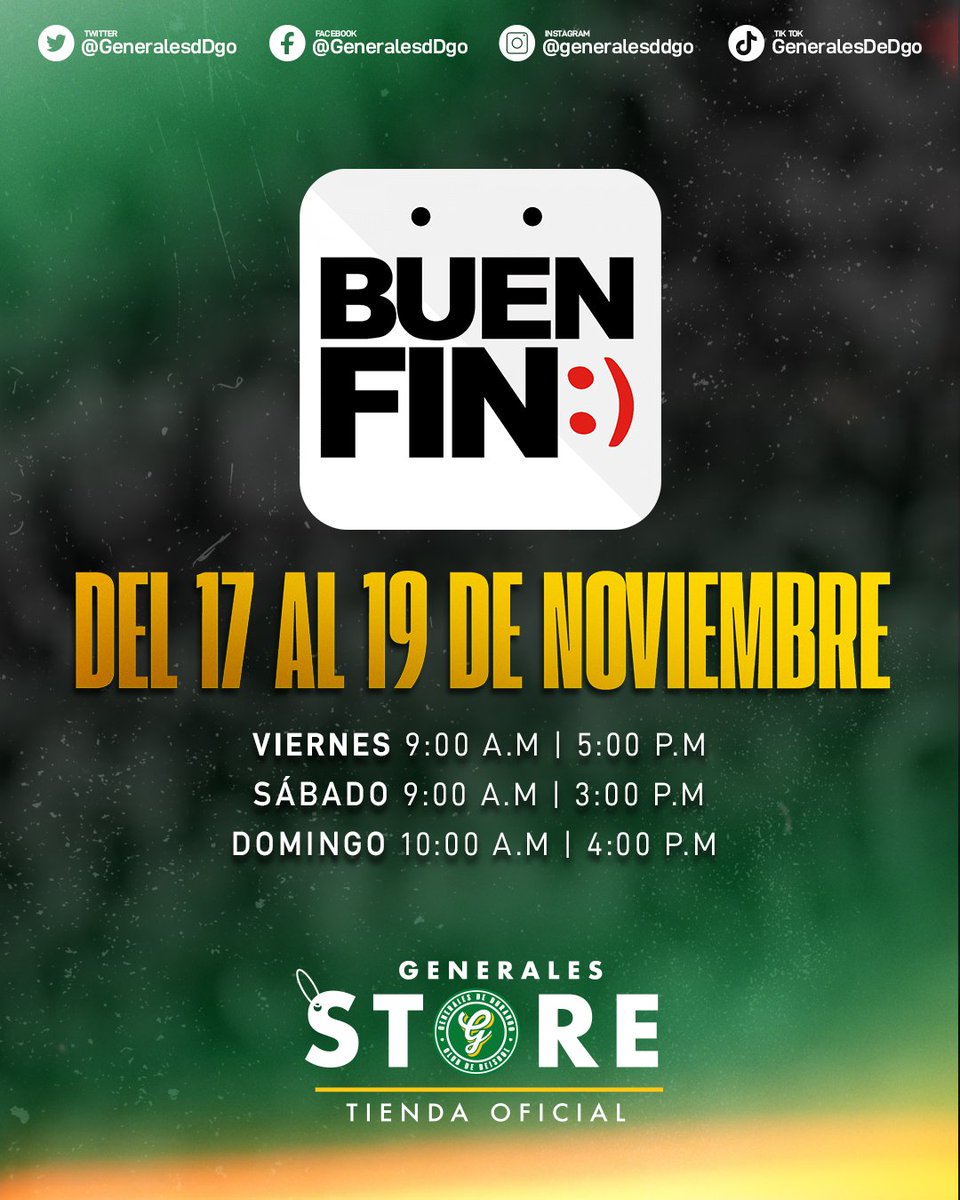 GeneralesdDgo's tweet photo. El mejor fin del aรฑo llega a Durango๐๐ช
Te esperamos del 17 al 19 de noviembre en la #GeneralesStore โพ para que aproveches los grandes descuentos que tenemos para ti.๐๐ผ https://t.co/HpvqgRqJJg