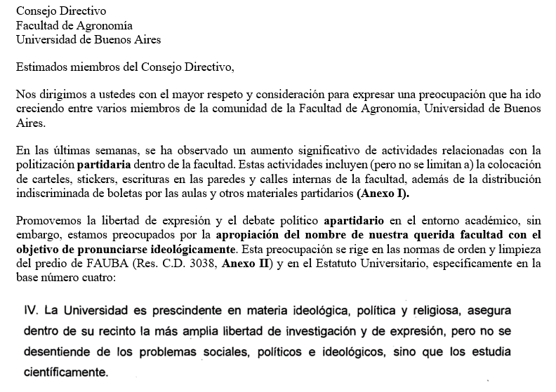 FelicitasVignat's tweet photo. Hoy enviamos una carta al consejo directivo de nuestra querida @AgronomiaUBA en repudio a la apropiación de su nombre con fines ideológicos. Fue firmada por más de 120 estudiantes en tan solo unos pocos minutos. https://t.co/kgfDPUHwGZ