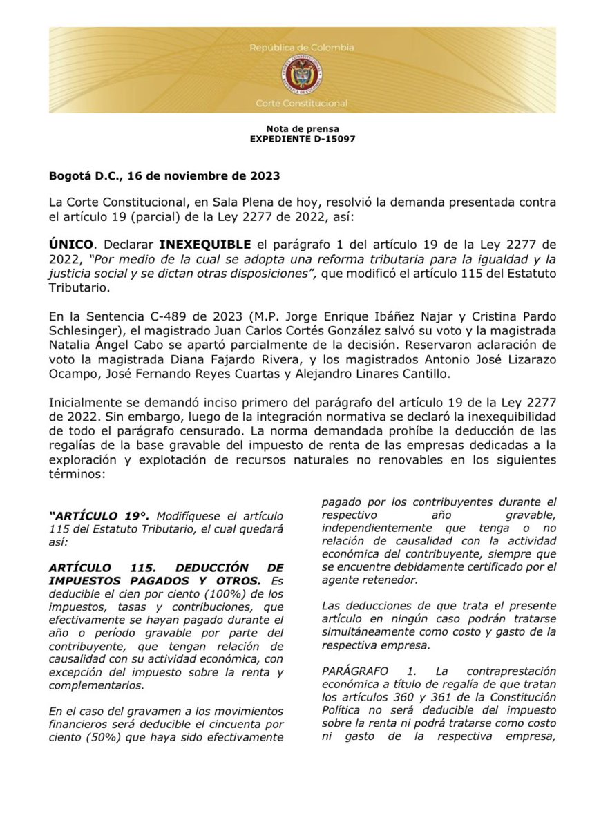 CConstitucional's tweet photo. LaCorteInforma | Nota de prensa 
▶️ EXPEDIENTE D-15097.
Sentencia C-489 de 2023 (M.P. Jorge Enrique Ibáñez Najar y Cristina Pardo Schlesinger). https://t.co/vqnFy6iNMM