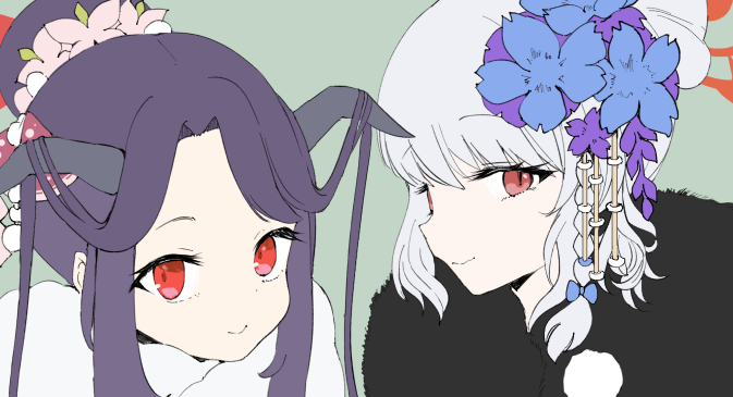 fuuka (blue archive) ,haruna (blue archive) multiple girls 2girls red eyes hair ornament flower hair flower horns  illustration images