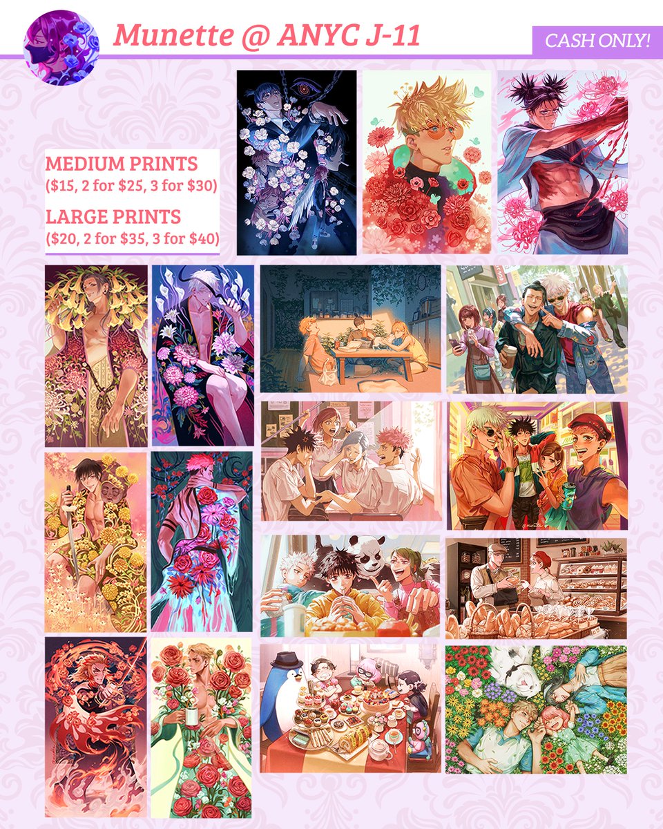 My ANYC Catalog! 🌺🌻🌸 I'll be tabling w/ @circus_usagi at J-11! Please note I accept CASH ONLY (and Payp🌷l!) as payment. See you this weekend!! ☺️ #AnimeNYC2023 #ANYC2023