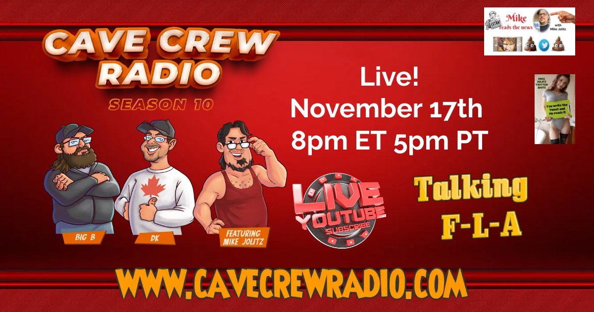 Live 8pm ET 5pm PT cavecrewradio.com on #FacebookLive and #YouTube  youtube.com/watch?v=H-SgJK… us with <a href="/MikeJolitz/">Mike Jolitz</a> for all the weird news and Talking Fla. #PodernFamily #LiveStream #Comedy #TalkRadio