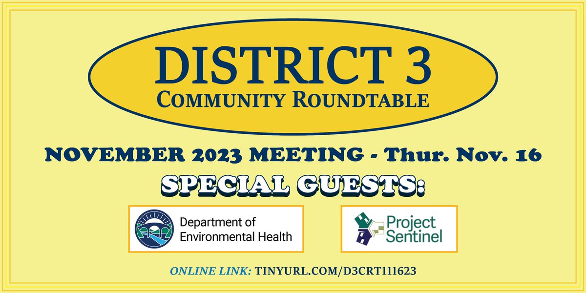 TONIGHT @ 7 PM ONLINE - Join us for the #D3CRT November 2023 Meeting. We're delighted to welcome special guests from the Dept. of Environmental Health and Project Sentinel. Zoom Link & Agenda at d3.santaclaracounty.gov/d3crt11162023 Zoom Link - tinyurl.com/d3crt111623  #SantaClaraCounty
