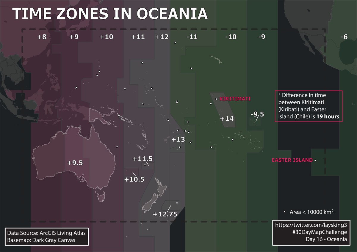 Wondering in what order will countries in Oceania region enter the new year? Take a look at the time zones! #30DayMapChallenge #oceania #time #newyear #map #livingatlas #esri #2024