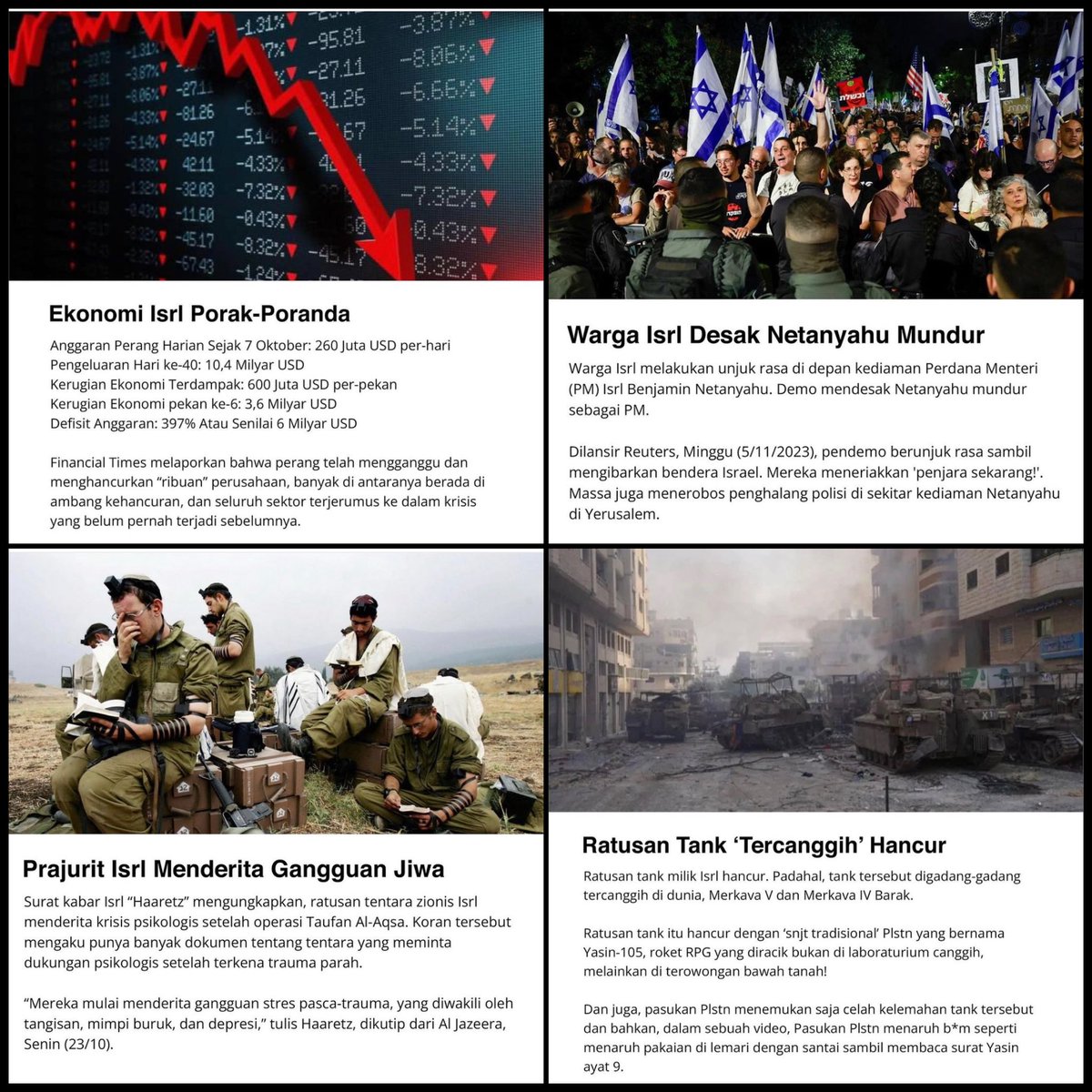 Ekonominya porak poranda,
Rakyat sendiri sudah tak percaya,
Pasukan tempur jadi orang gila,
Peralatan tempur canggih rusak sia2,
Ini mungkin sebuah pertanda,
Kekalahan itu akan segera tiba,
Tunggu saja waktunya…janji Allah &amp; RasulNya tak pernah dusta. #FreePalestine