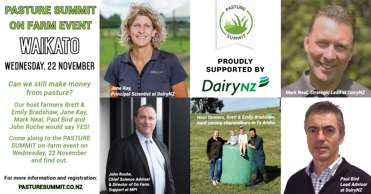 Can we still make money from pasture? @PastureSummit host farmers Brett & Emily Bradshaw, plus guest speakers Jane Kay, Mark Neal, Paul Bird and John Roche say yes! Come along to the Pasture Summit on-farm event on Wednesday in Te Aroha and find out. pasturesummit.co.nz