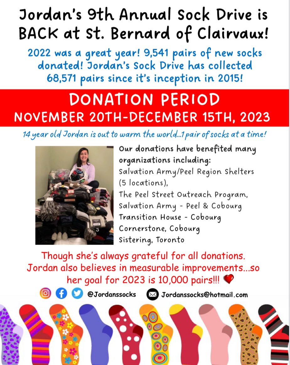 StBernardDPCDSB's tweet photo. 🐻 Our annual @JordansSocks drive is underway. We invite students to donate new socks to this important cause. Last year, our school donated 1,495 pairs. This year’s goal is 1,500! https://t.co/aEiFXEY4Hd