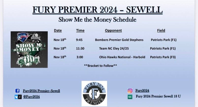 Last tournament of the fall! <a href="/Fury2024/">Fury 2024 Premier - Sewell</a> <a href="/UAHCoachLes/">Les Stuedeman</a> <a href="/UAH_SB/">UAH Softball</a> <a href="/Acozart44/">Ashley Cozart</a> <a href="/CoachHawkinsUNA/">Whitney Hawkins</a> <a href="/hgshollenberger/">Hannah Shollenberger</a>