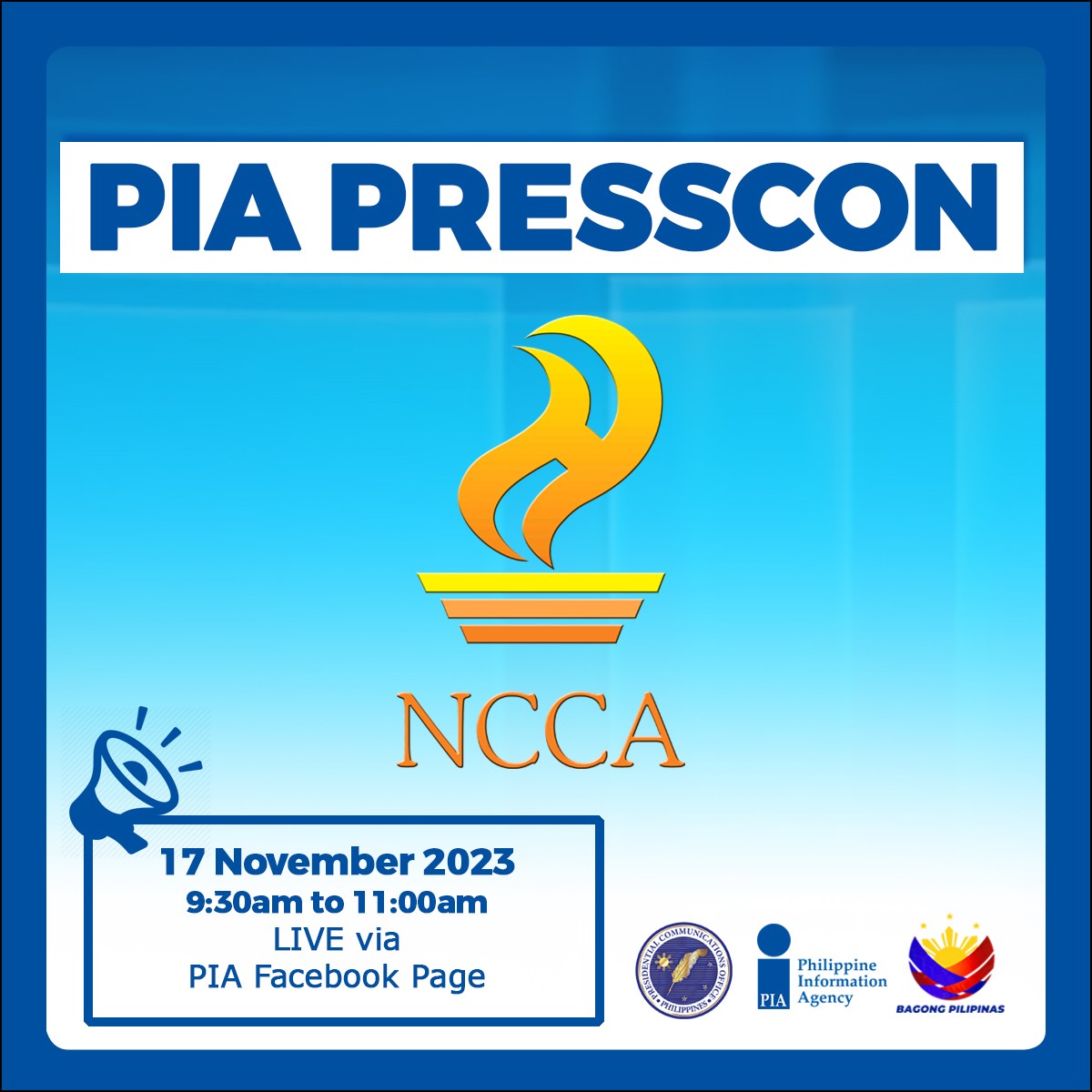 PIADesk's tweet photo. WATCH the live streaming of the weekly Philippine Information Agency (PIA) Press Conference with the National Commission for Culture and the Arts today, November 17, from 9:30am - 11:00am.

#BálayPinoy #Values #Culture #SUDI #Music #Excellence #ProudPinoy #PIA #BagongPilipinas https://t.co/IyfBmdkksP