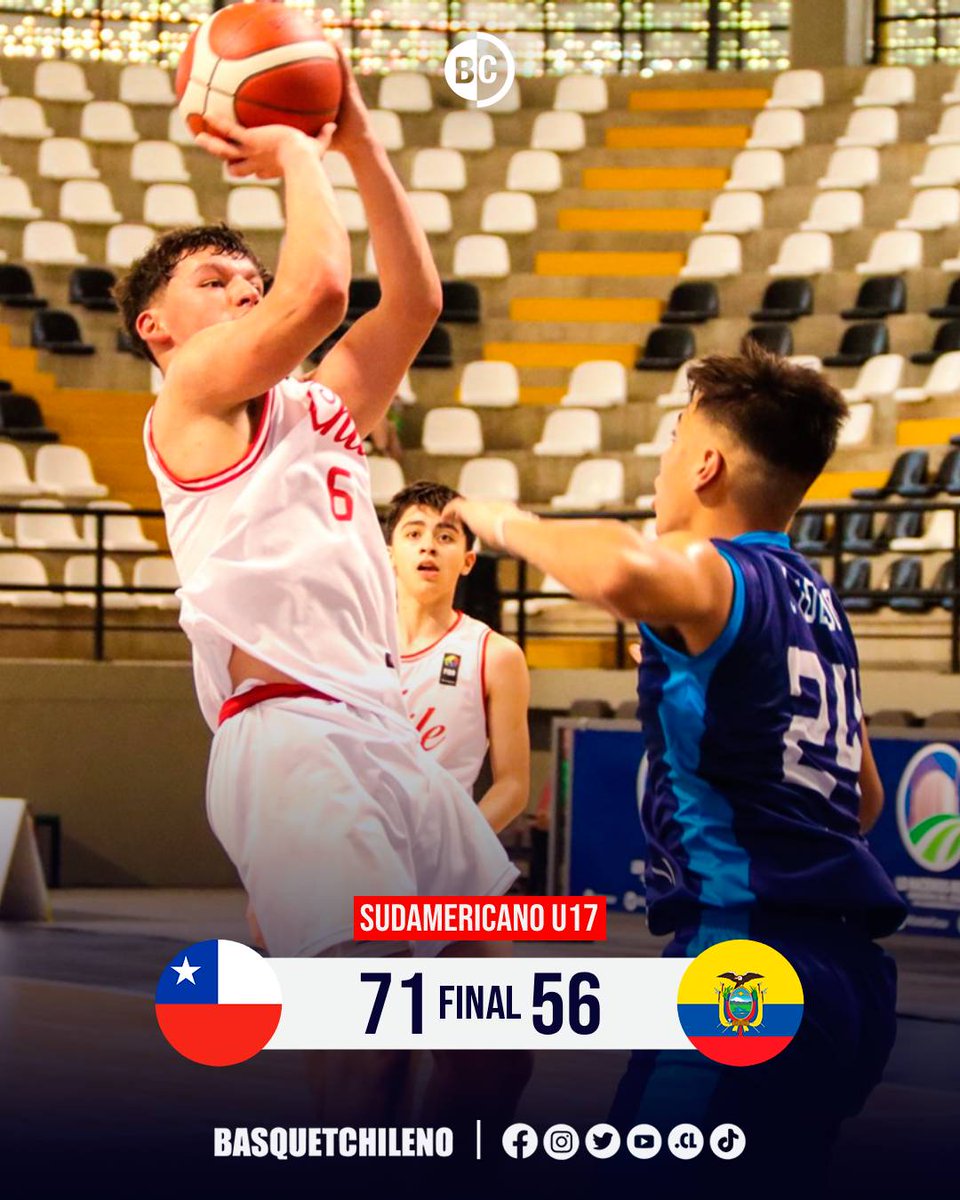 La selección U17 se impuso sobre Ecuador en su primer juego del Sudamericano que se disputa en Colombia 💪

Ahora Chile deberá enfrentar en su segundo juego del Grupo A a Paraguay este viernes 17 a las 16.00 horas (transmisión en el YouTube de FIBA)👀

📸 FIBA