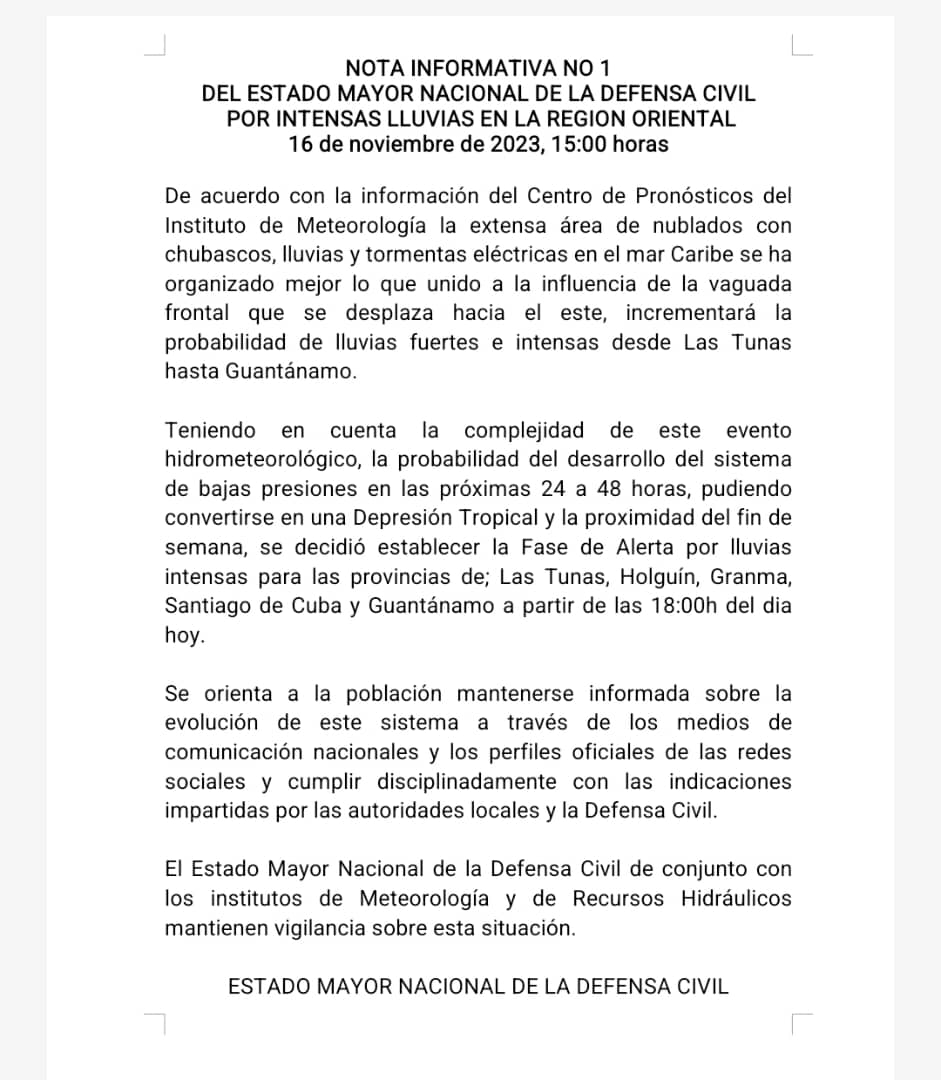 ElbaRosaPM's tweet photo. Se incrementan las lluvias fuertes e intensas en provincias Orientales. Hay probabilidad que sistema de bajas presiones se convierta en Depresión Tropical en próximas 24 a 48h, @CubaCivil decidió establecer #FaseDeAlerta por intensas lluvias desde Las Tunas hasta Gtmo desde 18h. https://t.co/BA4Cy8Agt4