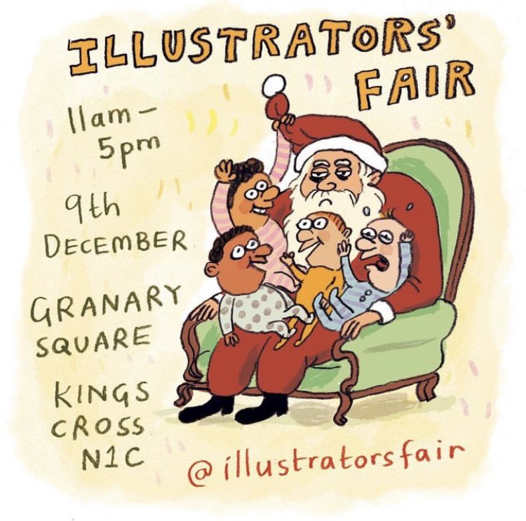 This flyer advertising Illustrators’ Fair has been created by @tormalore #festivalofflyers is a celebration of contemporary illustration with many of those taking part in the next #illustratorsfair23 at @kingscrossN1C on Saturday 9th December contributing to the designs.