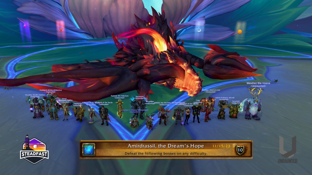 UndauntedGuild's tweet photo. STEADFAST (NA) has defeated Fyrakk on Normal last night! We are at 9/9 N and 1/9 H! Congratulations!

Continuing our Heroic progression tonight! Wish us luck! 

FEARLESS (EU) will start theirs Friday and Saturday!

#WoW #Dragonflight #Amirdrassil #UndauntedGuild #RWF https://t.co/C9I6rjCJ1Z